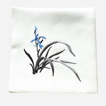 Hand-Embroidered Silk Handkerchief, Blue Junzi Orchid